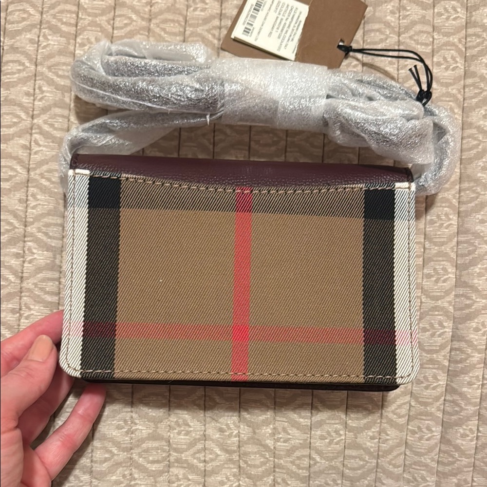 Burberry Burgundy Leather & Vintage Check Mini Crossbody - Picture 6 of 13